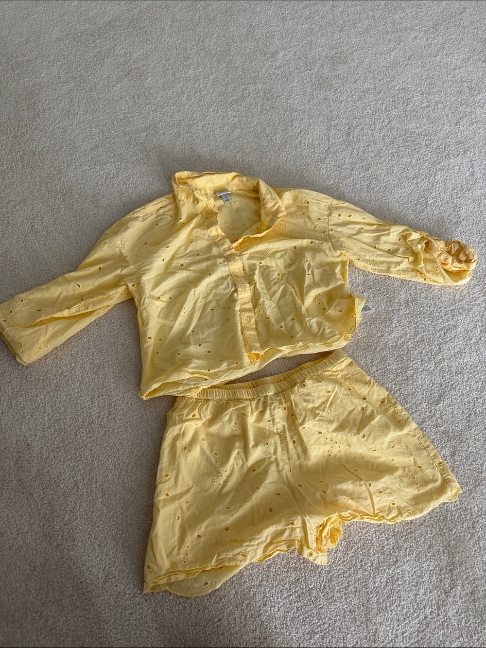 Womens Yellow Two-Piece Set - Soft Eyelet Top & Shorts